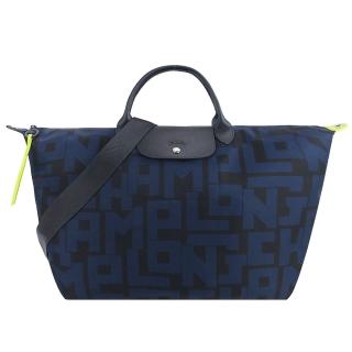 【LONGCHAMP】Le Pliage LGP系列滿版字母尼龍短把手提/斜背兩用旅行袋(大/黑X海軍藍)