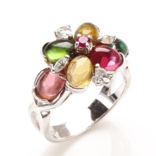 【寶石方塊】天然多彩碧璽戒指-925銀飾-花花哨哨