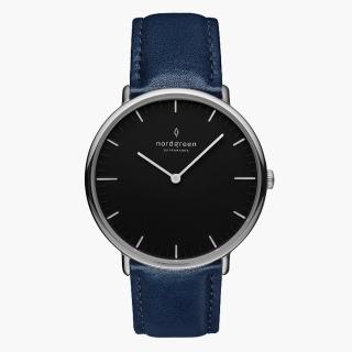 【Nordgreen】ND手錶 Native 本真 32mm Lille 月光銀殼×黑面 北歐藍真皮錶帶(NR32SILENABL)