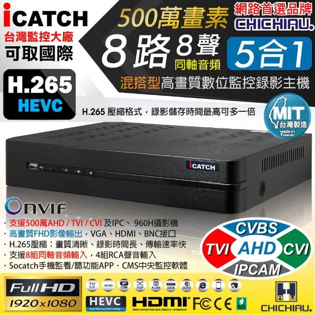 【CHICHIAU】H.265 8路4聲 500萬 AHD TVI CVI 1080P台製iCATCH數位高清遠端監控錄影主機