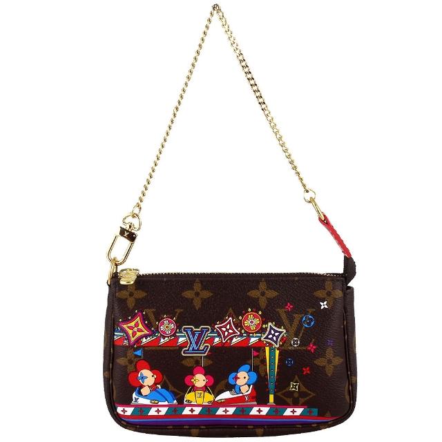 【Louis Vuitton 路易威登】Pochette LV花紋遊樂園圖騰金屬鍊帶迷你手提包(M69976/咖啡色)