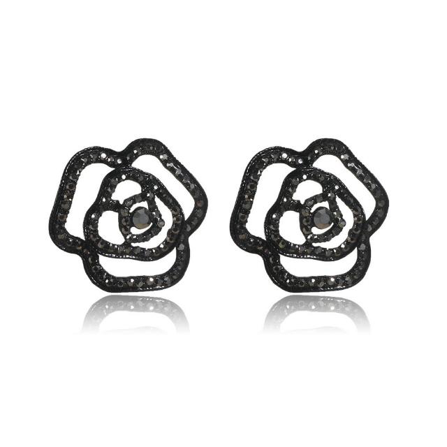 【I.Dear Jewelry】韓系飾品-誇張簍空黑色復古大玫瑰耳針耳環