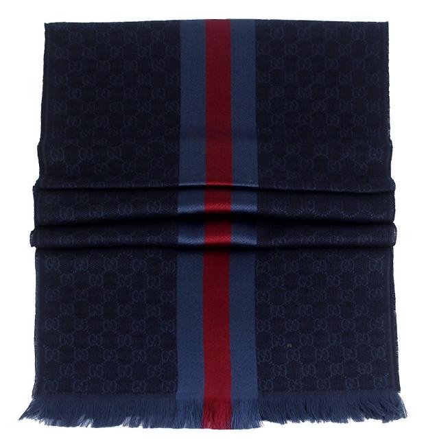 【GUCCI 古馳】藍紅條紋 G LOGO羊毛混紡圍巾(藍色)