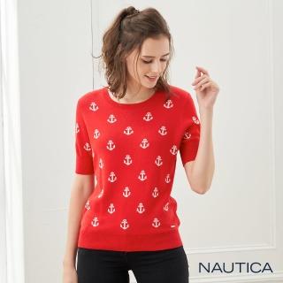 【NAUTICA】女裝滿版船錨五分袖針織衣(紅色)