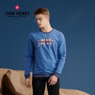 【JOHN HENRY】國旗文字印花長袖T恤-藍