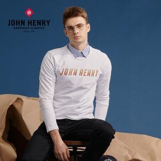 【JOHN HENRY】跳色文字印花長袖T恤-白