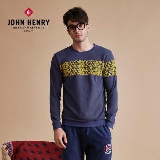 【JOHN HENRY】不規則文字條紋印花長袖T恤-藍