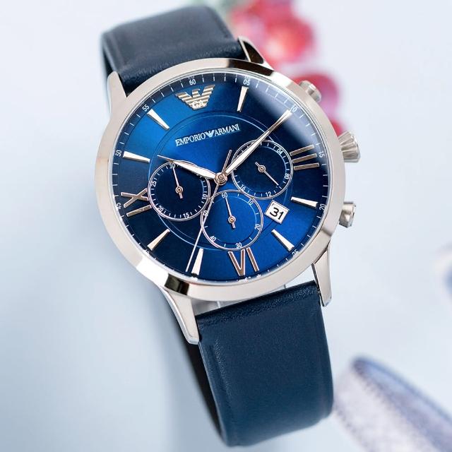 EMPORIO ARMANI【EMPORIO ARMANI】藍調魅力三眼計時皮革腕錶/藍x銀框(AR11226)