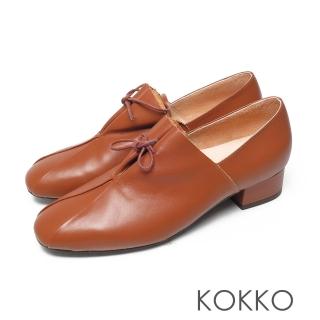 【KOKKO 集團】時髦方頭舒壓綁帶小牛皮粗跟鞋(焦糖色)