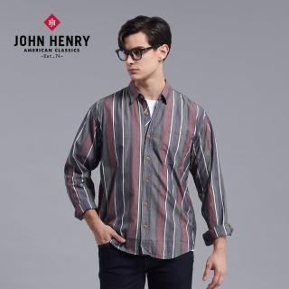 【JOHN HENRY】復古配色直條紋長袖襯衫-綠