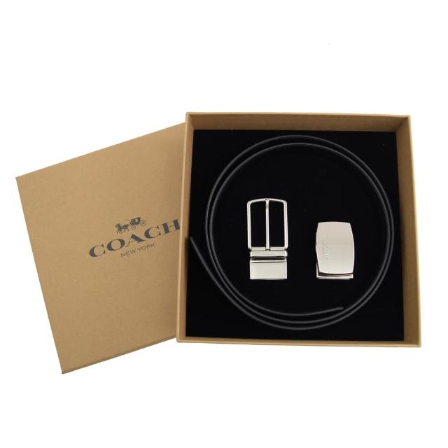 【COACH】經典金屬LOGO雙面雙材質皮帶禮盒組(黑)
