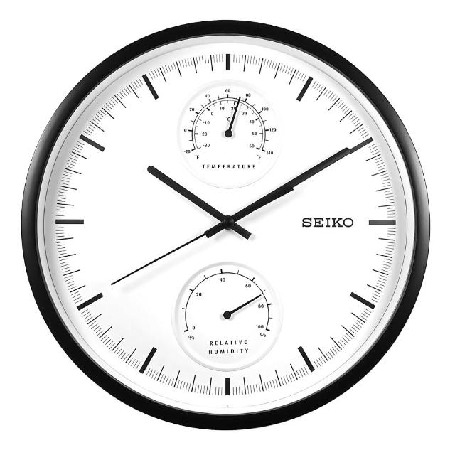 【SEIKO 精工】兩眼造型 溫度 溼度 滑動式秒針 餐廳客廳臥室 靜音掛鐘(白x黑框 / QXA525K)