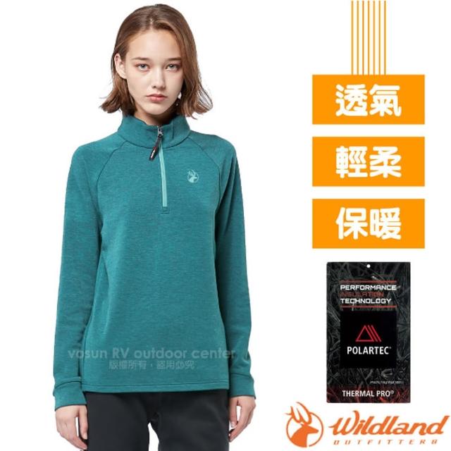 【Wildland 荒野】女新款 Polartec 4D彈性類羊毛登山半開襟保暖排汗衣(P2605-110 冰河藍)