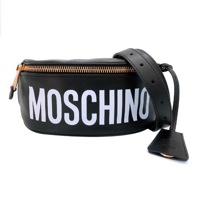 【MOSCHINO】經典品牌Logo皮革斜背腰包(黑)