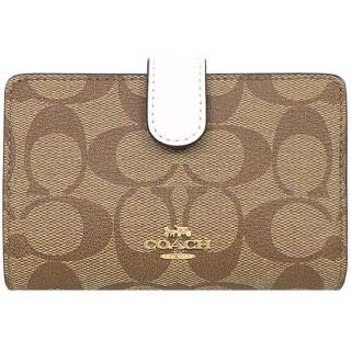 【COACH】白X卡其C LOGO皮革釦式拉鍊中夾