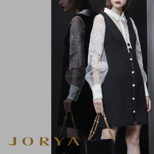 JORYA【JORYA】J1402501文藝桑蠶絲宮廷珍珠V領背心連身羊毛洋裝