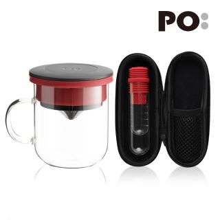 【PO:】咖啡泡茶兩件組(咖啡玻璃杯350ml-黑紅/試管茶格-紅)