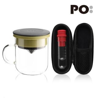 【PO:】咖啡泡茶兩件組(咖啡玻璃杯350ml-黑綠/試管茶格-紅)