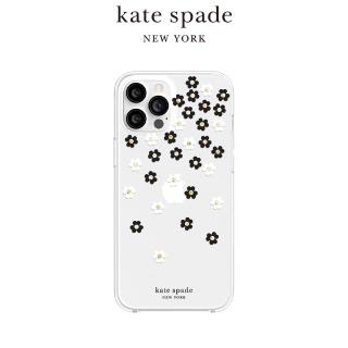 【KATE SPADE】iPhone 12 Pro Max 6.7吋 手機防摔保護殼/套(黑白小花+金色鑲鑽)