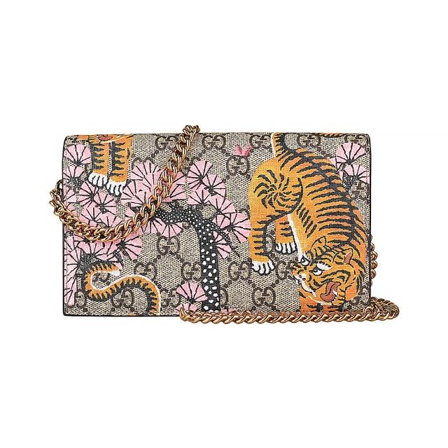 【GUCCI 古馳】GUCCI Bengal Print雙G PVC鏈帶釦式長夾斜背包(孟加拉虎)