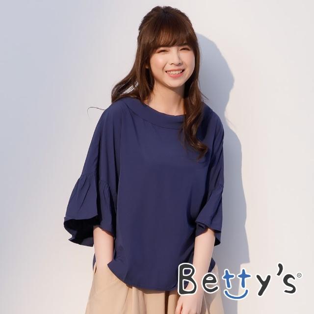 betty’s 貝蒂思【betty’s 貝蒂思】圓翻領荷葉袖寬版上衣(深藍)