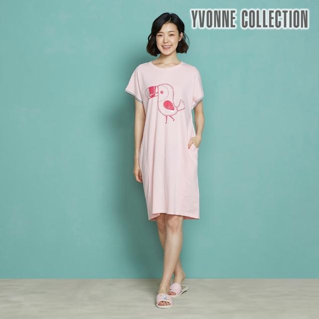 【Yvonne Collection】大嘴鳥圖案短袖洋裝(珊瑚粉)