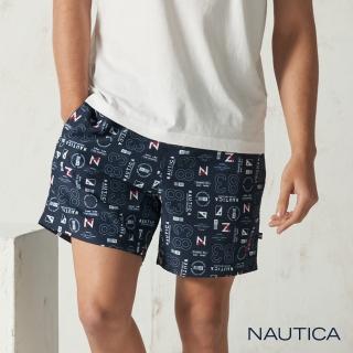 【NAUTICA】旗語圖騰鬆緊綁帶五分海灘褲(深藍)