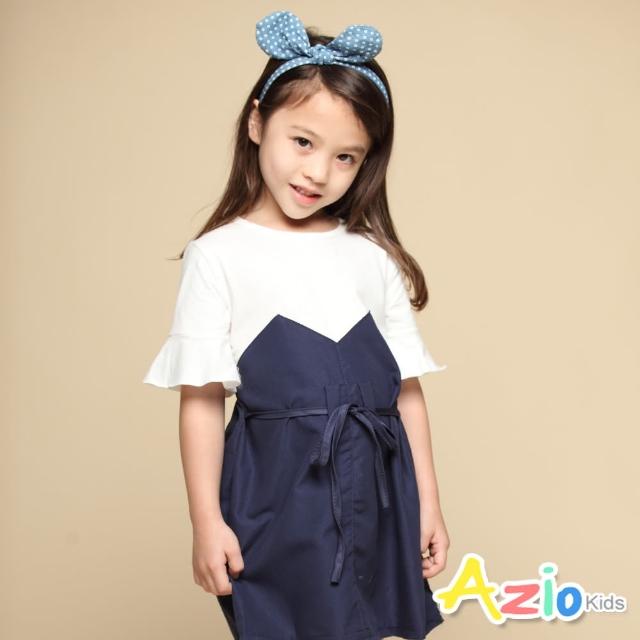 【Azio Kids 美國派】女童 洋裝 接片綁帶喇叭袖造型短袖洋裝(藍)