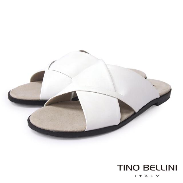 【TINO BELLINI 貝里尼】時尚簡約交叉造型牛皮平底涼拖鞋FQO0001(白)