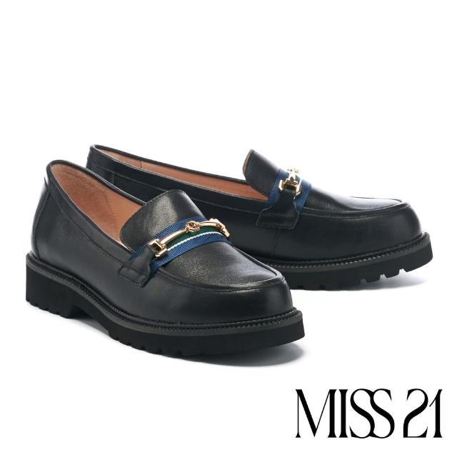 MISS 21【MISS 21】英倫學院風馬銜釦織帶全真皮樂福厚底跟鞋(黑)