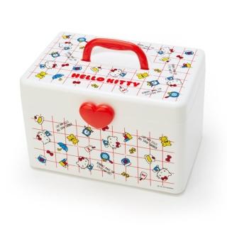 【小禮堂】Hello Kitty 方形塑膠手提收納箱 工具箱 藥箱 針線箱 《紅白 格線》