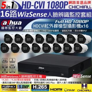 【CHICHIAU】Dahua大華 H.265 5MP 16路CVI 1080P數位遠端監控套組(含2MP智能紅外線攝影機x16)