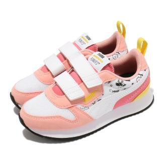 【PUMA】休閒鞋 PEANUTS R78 V PS 童鞋 史奴比 聯名款 魔鬼氈 卡通 中童 白 粉(37574302)