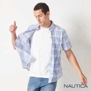 【NAUTICA】男裝 涼夏休閒吸濕排汗短袖襯衫(藍色)