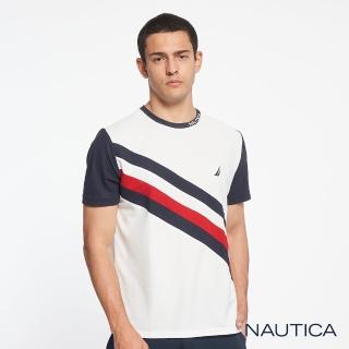 【NAUTICA】男裝 吸濕排汗斜紋拼接短袖T恤(白色)