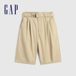 【GAP】女裝 純棉高腰綁帶休閒短褲(820122-卡其色)