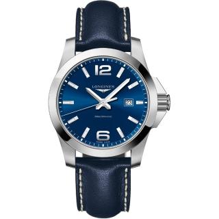 【LONGINES 浪琴】Conquest 300米石英手錶-藍/43mm(L37604960)