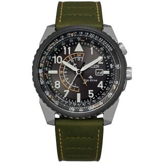 【CITIZEN 星辰】飛行風格光動能時尚男錶-黑x綠/42.5mm(BJ7138-04E)
