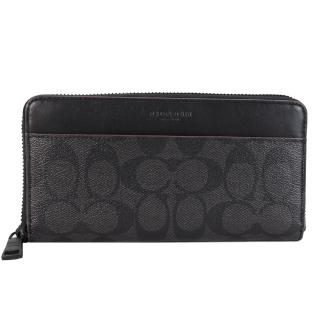 【COACH】滾邊C LOGO前口袋 PVC 拉鍊長夾(黑灰)