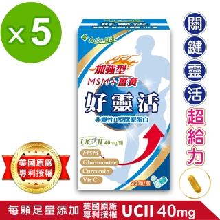 【友GO健康】好靈活UCII加強型MSM+薑黃+葡萄糖胺 5合一膠囊30顆x5盒(歐.美7項專利非變性二型膠原蛋白40mg)