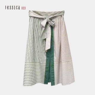 【Jessica Red】休閒寬鬆條紋開叉綁帶中長裙803210