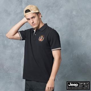 【JEEP】男裝 素面徽章刺繡短袖POLO衫(黑)