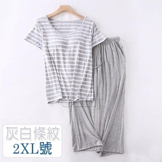 【Osun】莫代爾中大尺吋bra-t條紋帶胸墊短袖七分褲睡衣套裝寬鬆居家休閒服(特惠價CE406-)
