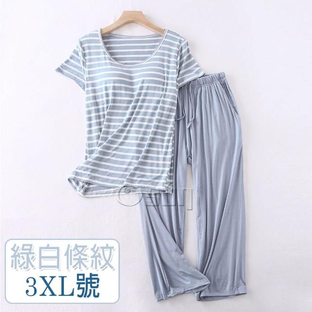 【Osun】莫代爾中大尺吋bra-t條紋帶胸墊短袖七分褲睡衣套裝寬鬆居家休閒服(特惠價CE406-)