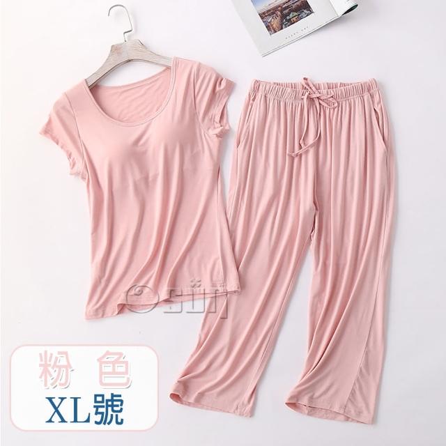 【Osun】莫代爾中大尺吋bra-t帶胸墊短袖七分褲睡衣套裝寬鬆居家休閒服(特惠價CE408-)