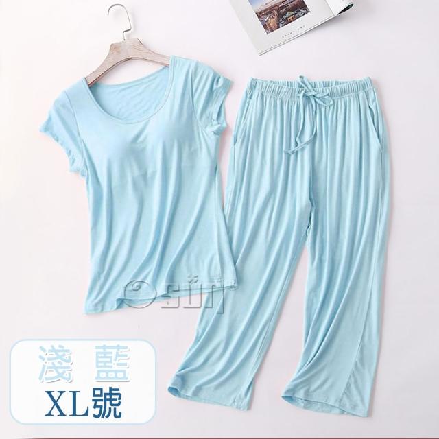 【Osun】莫代爾中大尺吋bra-t帶胸墊短袖七分褲睡衣套裝寬鬆居家休閒服(特惠價CE408-)