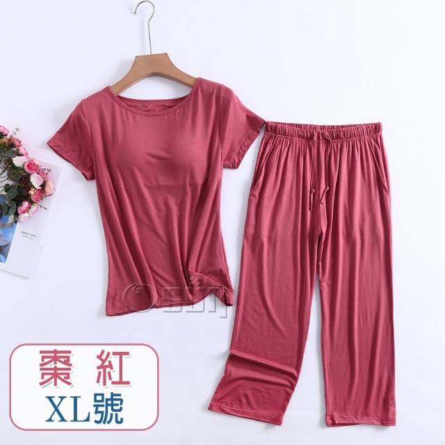 【Osun】莫代爾中大尺吋bra-t帶胸墊短袖七分褲睡衣套裝寬鬆居家休閒服(特惠價CE408-)