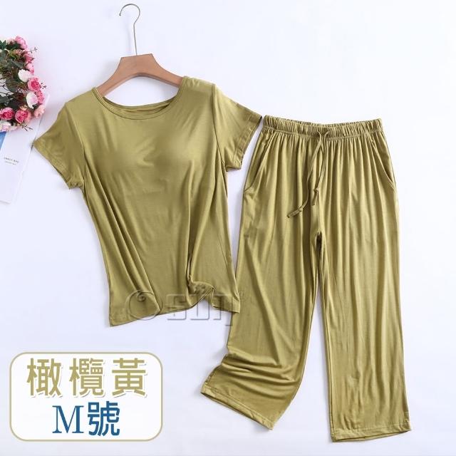 【Osun】莫代爾中大尺吋bra-t帶胸墊短袖七分褲睡衣套裝寬鬆居家休閒服(特惠價CE408-)