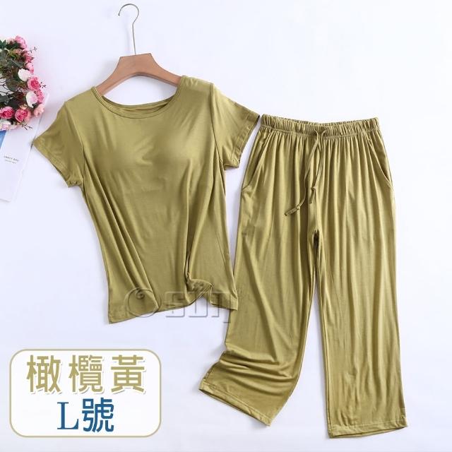 【Osun】莫代爾中大尺吋bra-t帶胸墊短袖七分褲睡衣套裝寬鬆居家休閒服(特惠價CE408-)