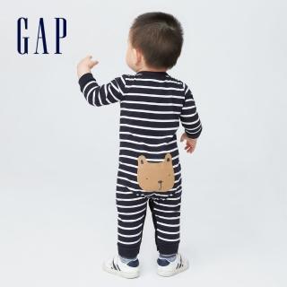 【GAP】嬰兒 布萊納系列 跟屁熊刺繡長袖包屁衣/連身衣(737293-藍白條紋)